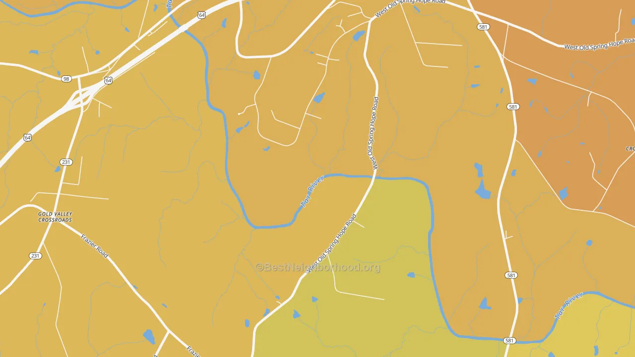 Map of the best neighborhoods in the Frazier Crossroads area, with better matches in green and worse matches in red