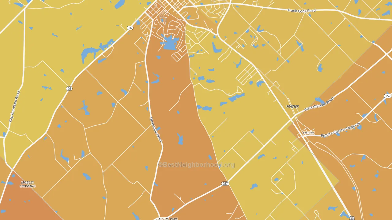 Map of the best neighborhoods in the Frazier area, with better matches in green and worse matches in red