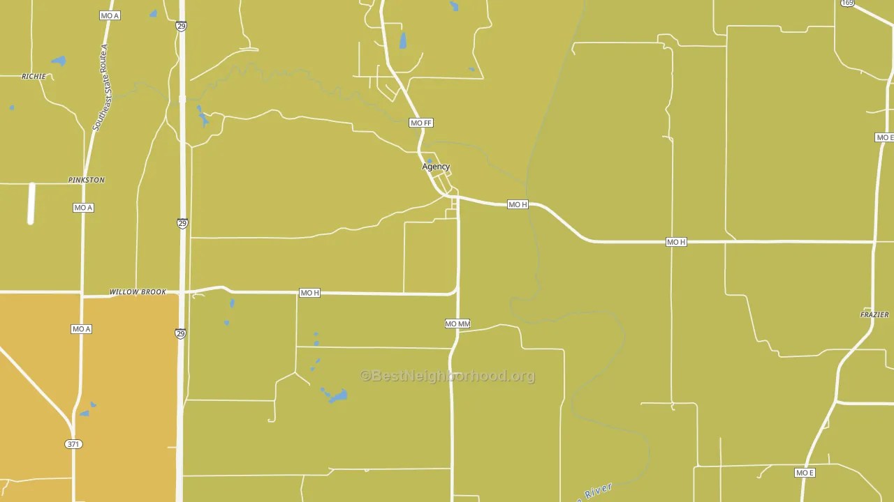 Map of the best neighborhoods in the Frazier area, with better matches in green and worse matches in red