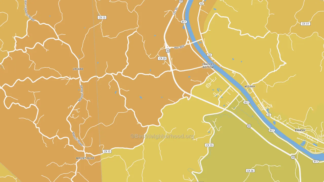 Map of the best neighborhoods in the Fraziers Bottom area, with better matches in green and worse matches in red