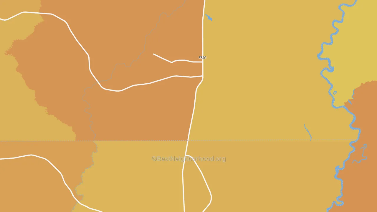 Map of the best neighborhoods in the Fred area, with better matches in green and worse matches in red