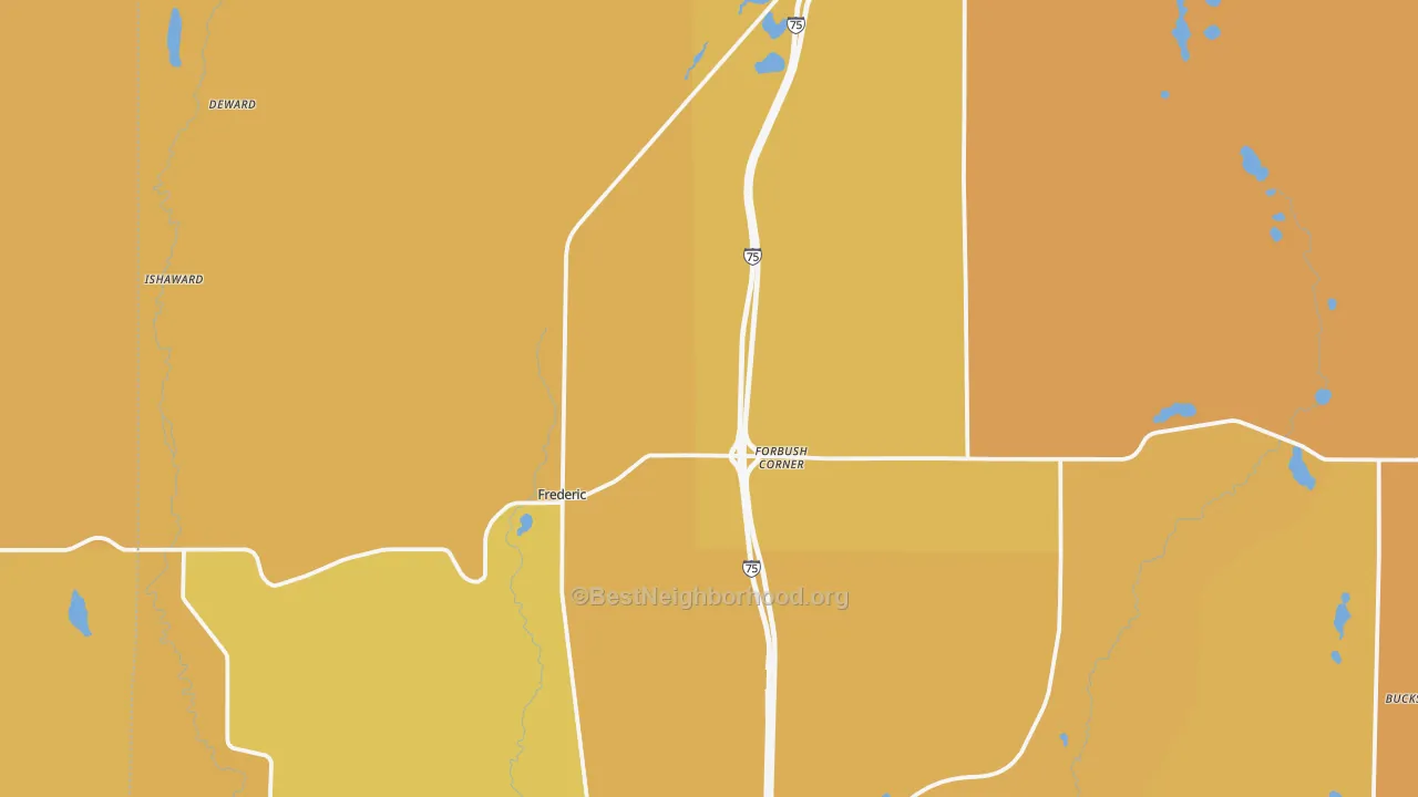 Map of the best neighborhoods in the Frederic area, with better matches in green and worse matches in red