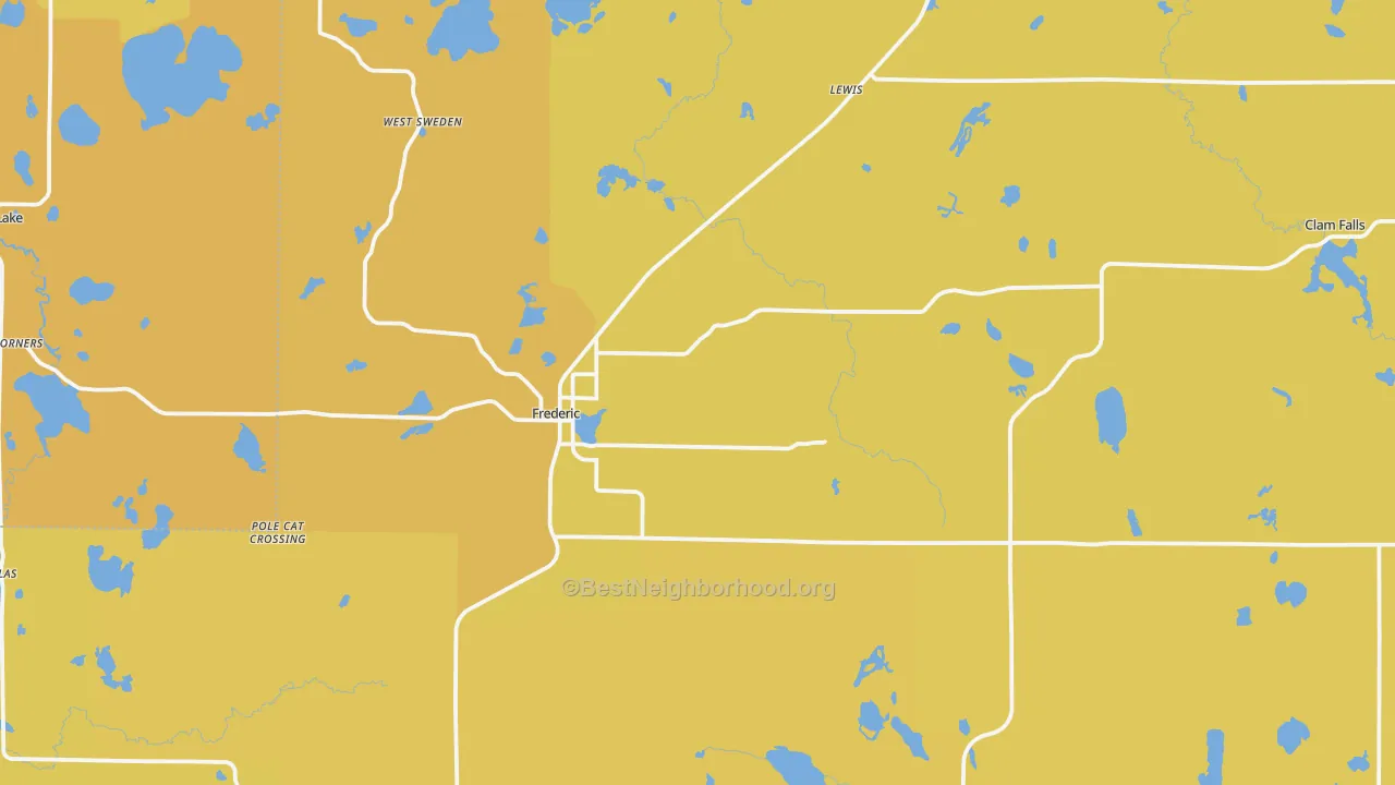 Map of the best neighborhoods in the Frederic area, with better matches in green and worse matches in red