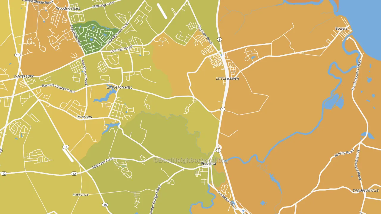 Map of the best neighborhoods in the Frederica area, with better matches in green and worse matches in red