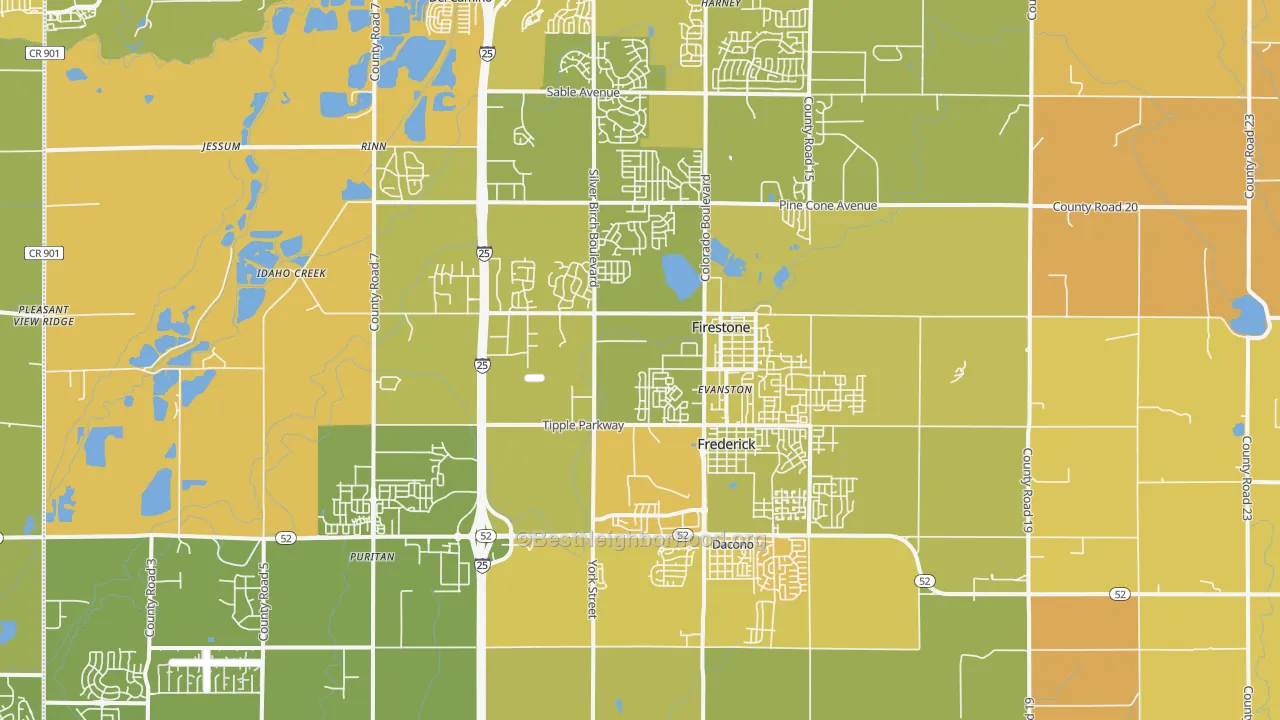 Map of the best neighborhoods in the Frederick area, with better matches in green and worse matches in red