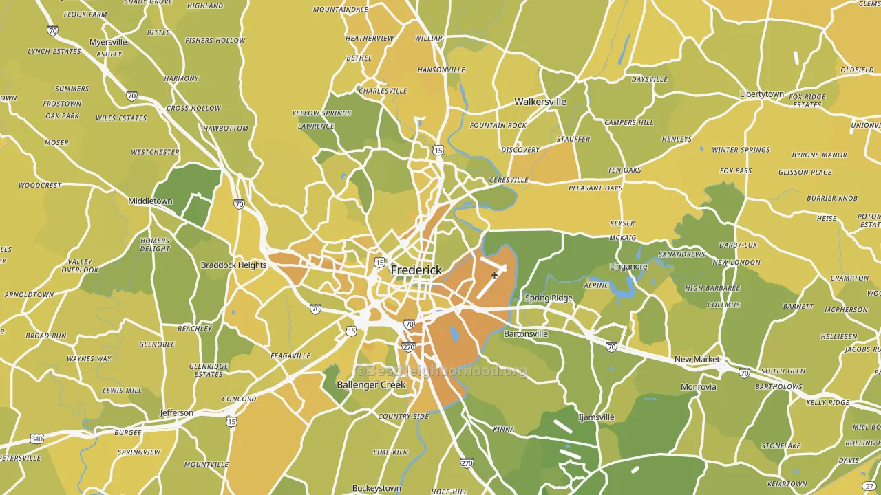 Map of the best neighborhoods in the Frederick County area, with better matches in green and worse matches in red