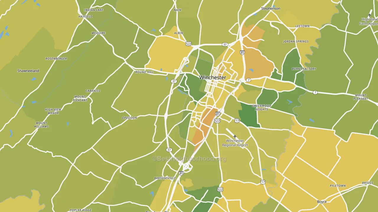 Map of the best neighborhoods in the Frederick County area, with better matches in green and worse matches in red