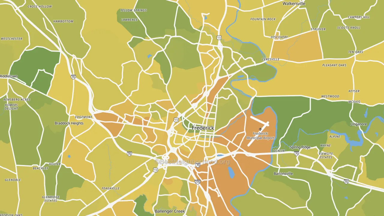 Map of the best neighborhoods in the Frederick area, with better matches in green and worse matches in red
