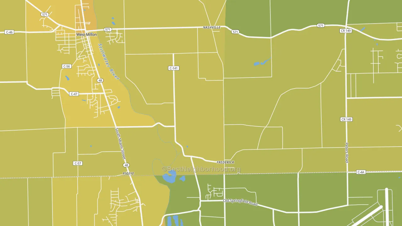 Map of the best neighborhoods in the Frederick area, with better matches in green and worse matches in red