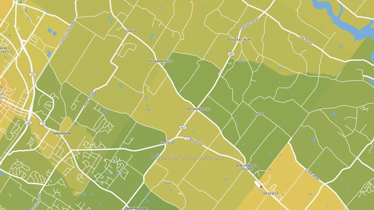 Map of the best neighborhoods in the Frederick area, with better matches in green and worse matches in red