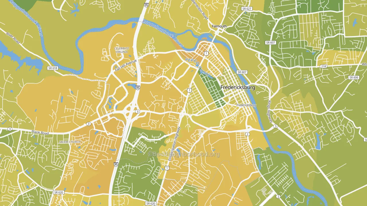 Map of the best neighborhoods in the Fredericksburg City area, with better matches in green and worse matches in red