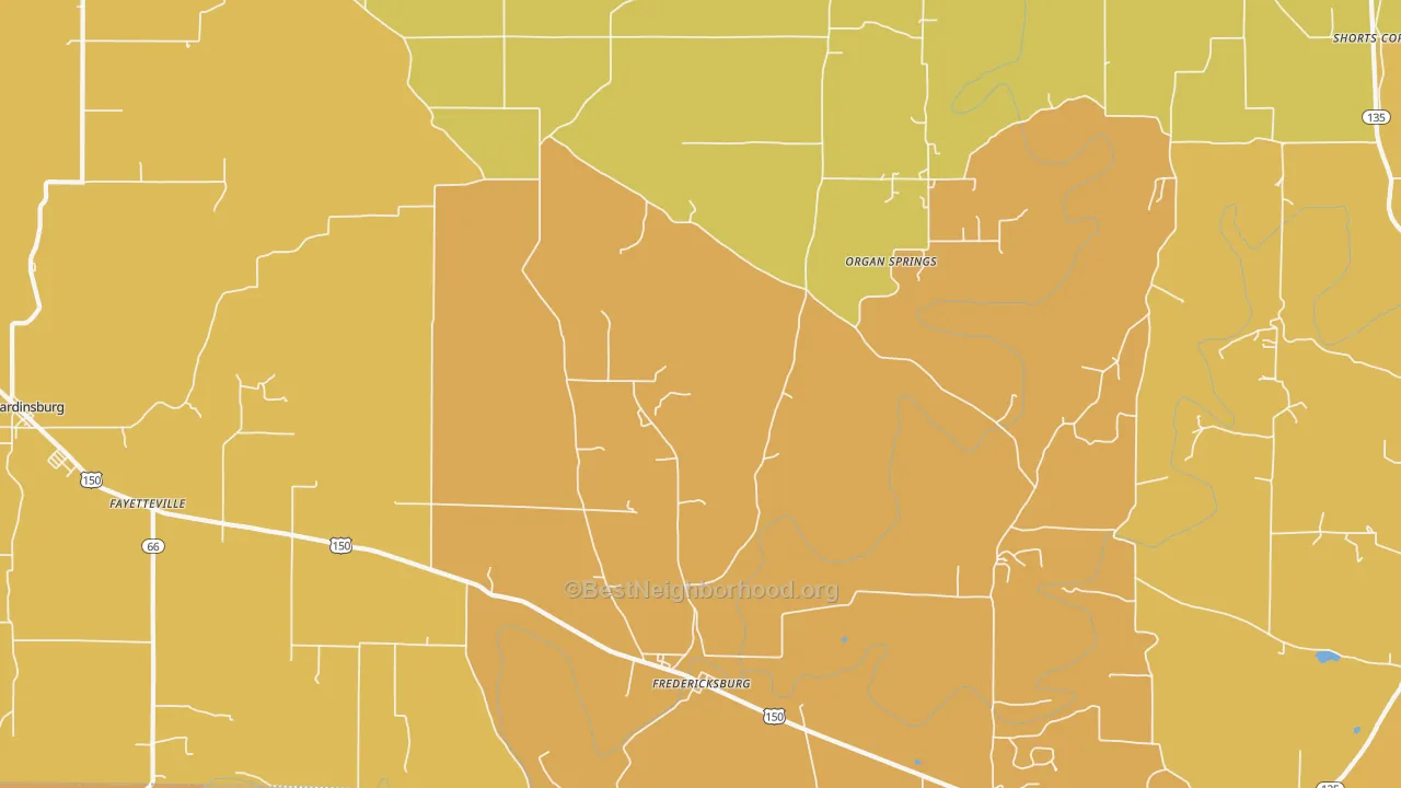 Map of the best neighborhoods in the Fredericksburg area, with better matches in green and worse matches in red