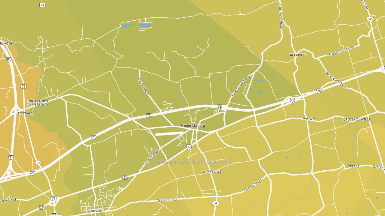 Map of the best neighborhoods in the Fredericksburg area, with better matches in green and worse matches in red