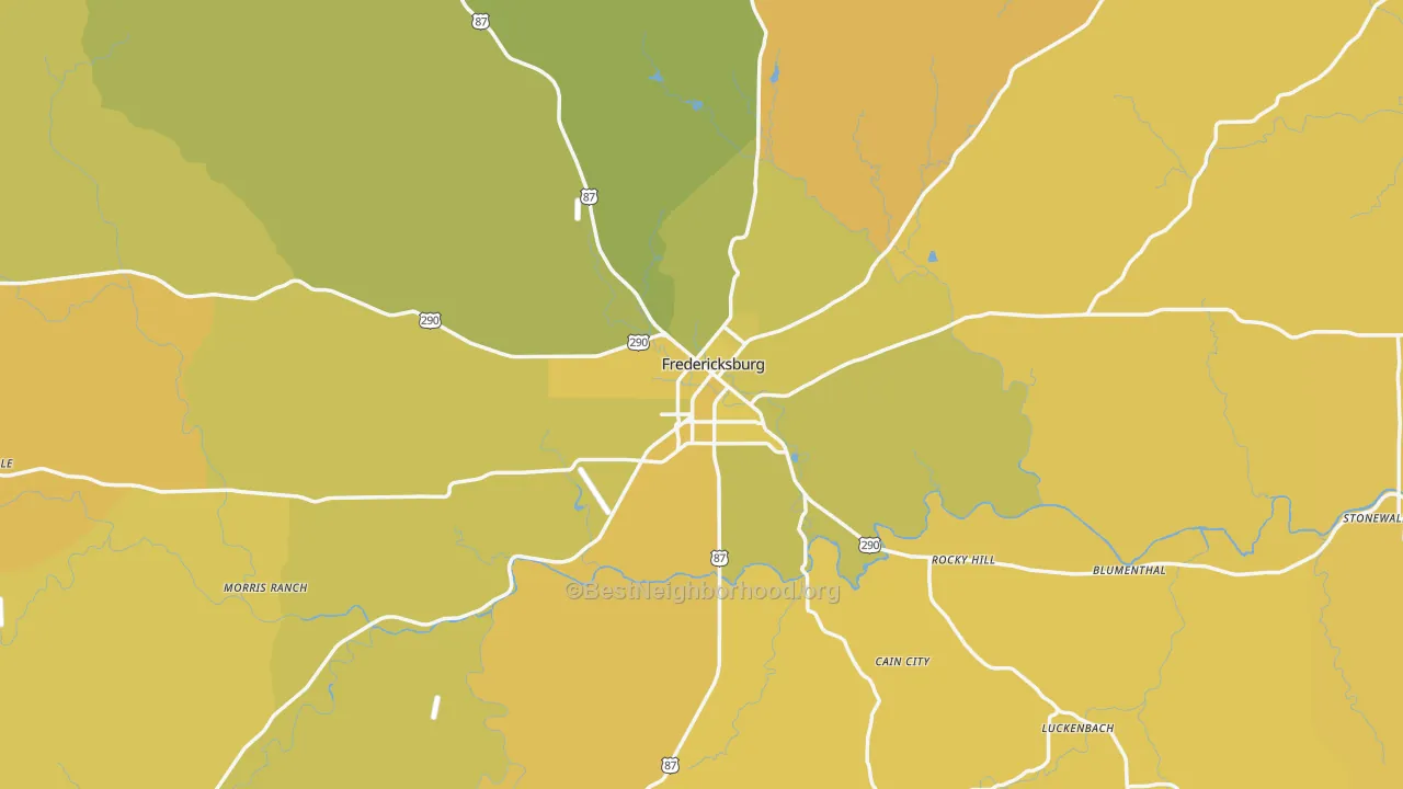 Map of the best neighborhoods in the Fredericksburg area, with better matches in green and worse matches in red