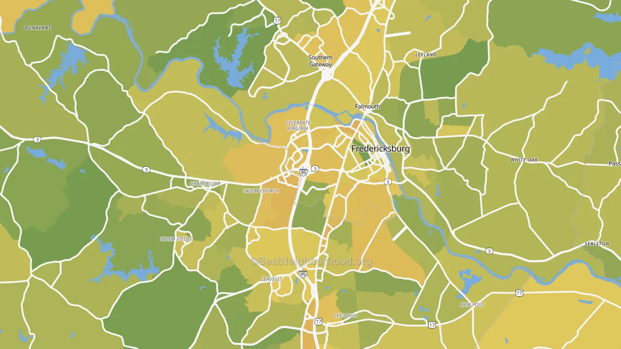 Map of the best neighborhoods in the Fredericksburg area, with better matches in green and worse matches in red
