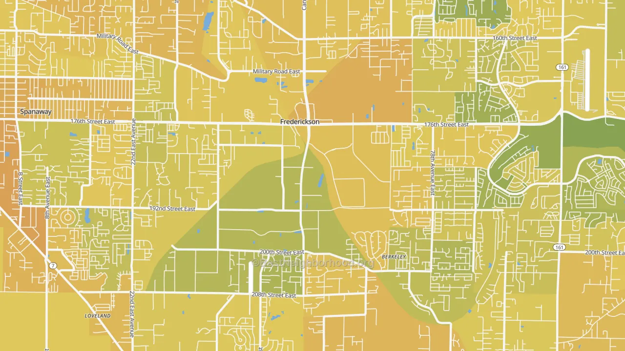 Map of the best neighborhoods in the Frederickson, Tacoma area, with better matches in green and worse matches in red