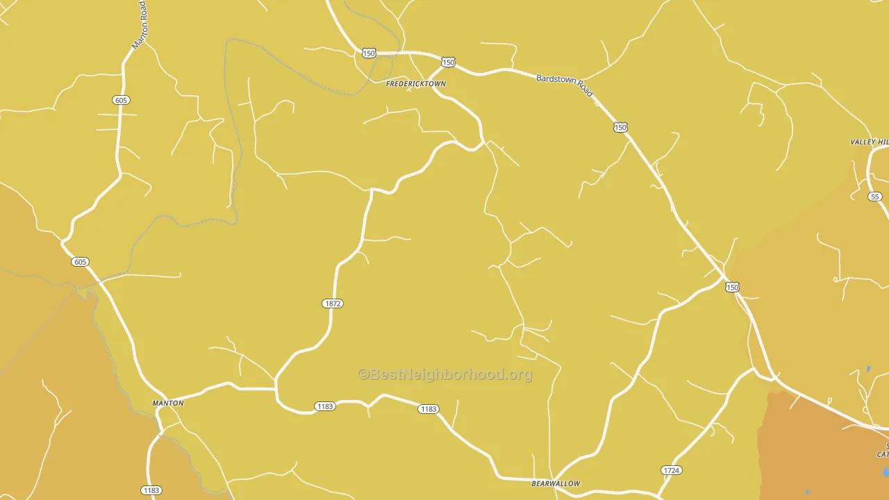 Map of the best neighborhoods in the Fredericktown area, with better matches in green and worse matches in red