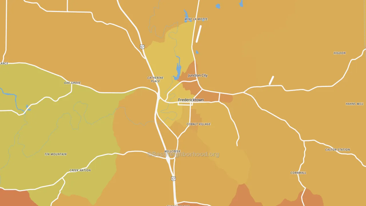 Map of the best neighborhoods in the Fredericktown area, with better matches in green and worse matches in red