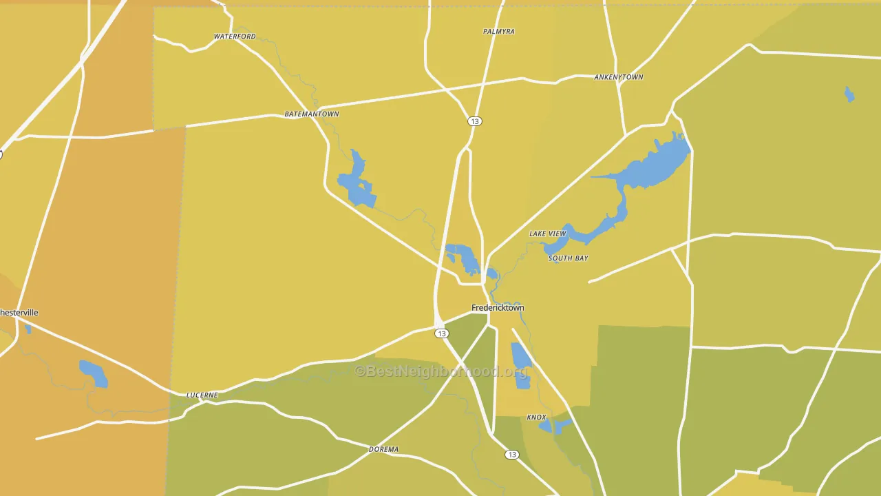 Map of the best neighborhoods in the Fredericktown area, with better matches in green and worse matches in red