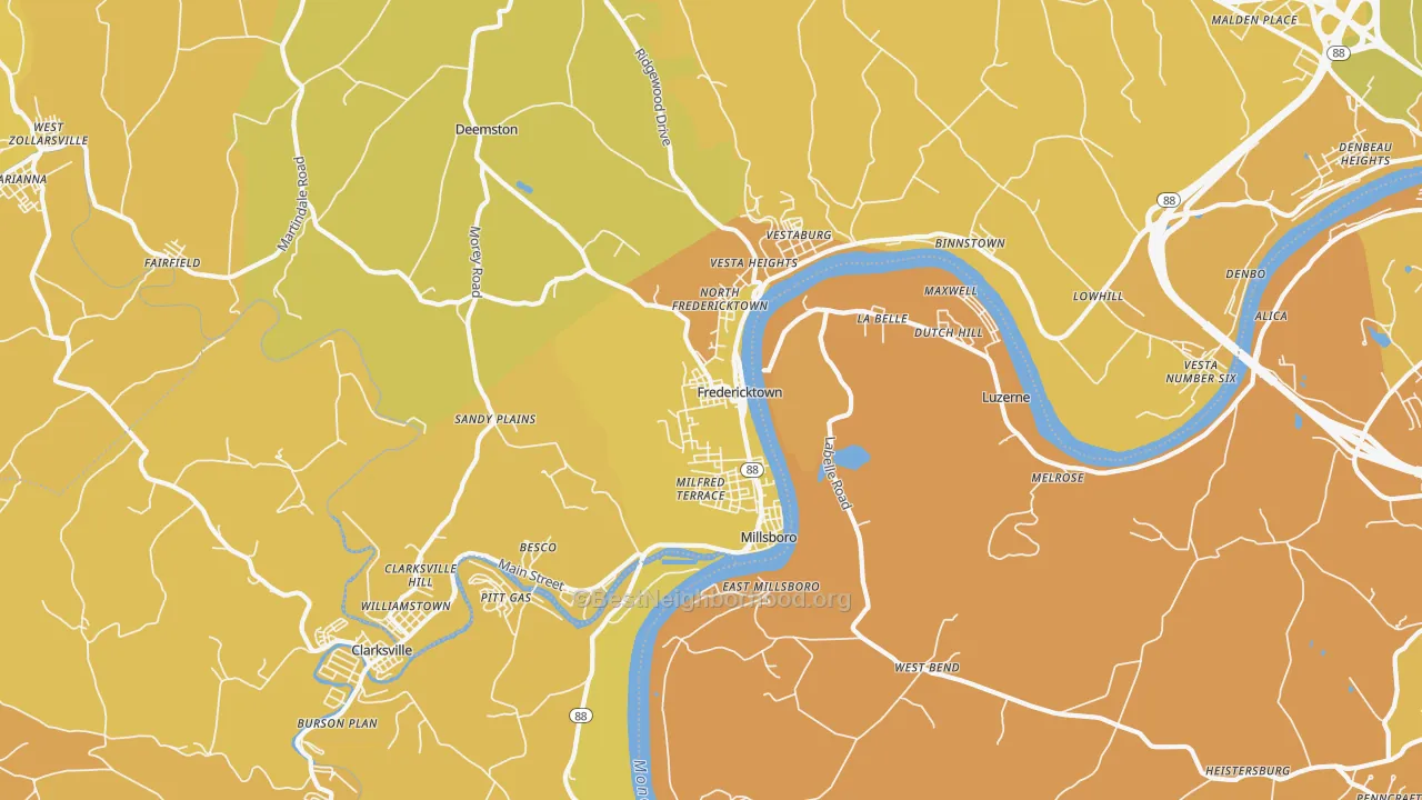 Map of the best neighborhoods in the Fredericktown area, with better matches in green and worse matches in red