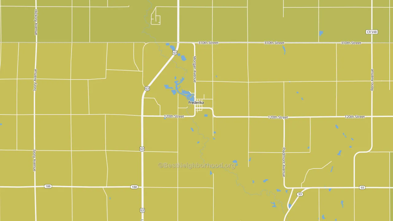 Map of the best neighborhoods in the Frederika area, with better matches in green and worse matches in red