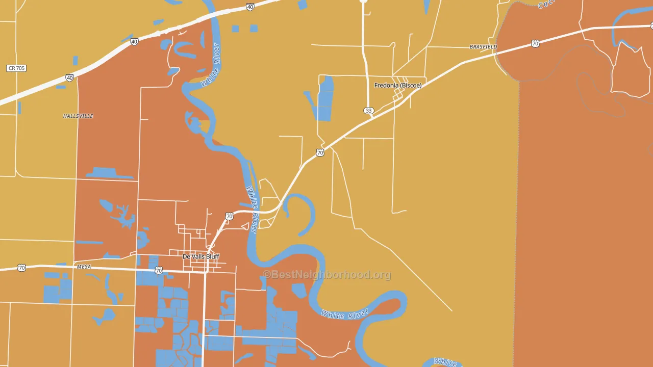 Map of the best neighborhoods in the Fredonia area, with better matches in green and worse matches in red
