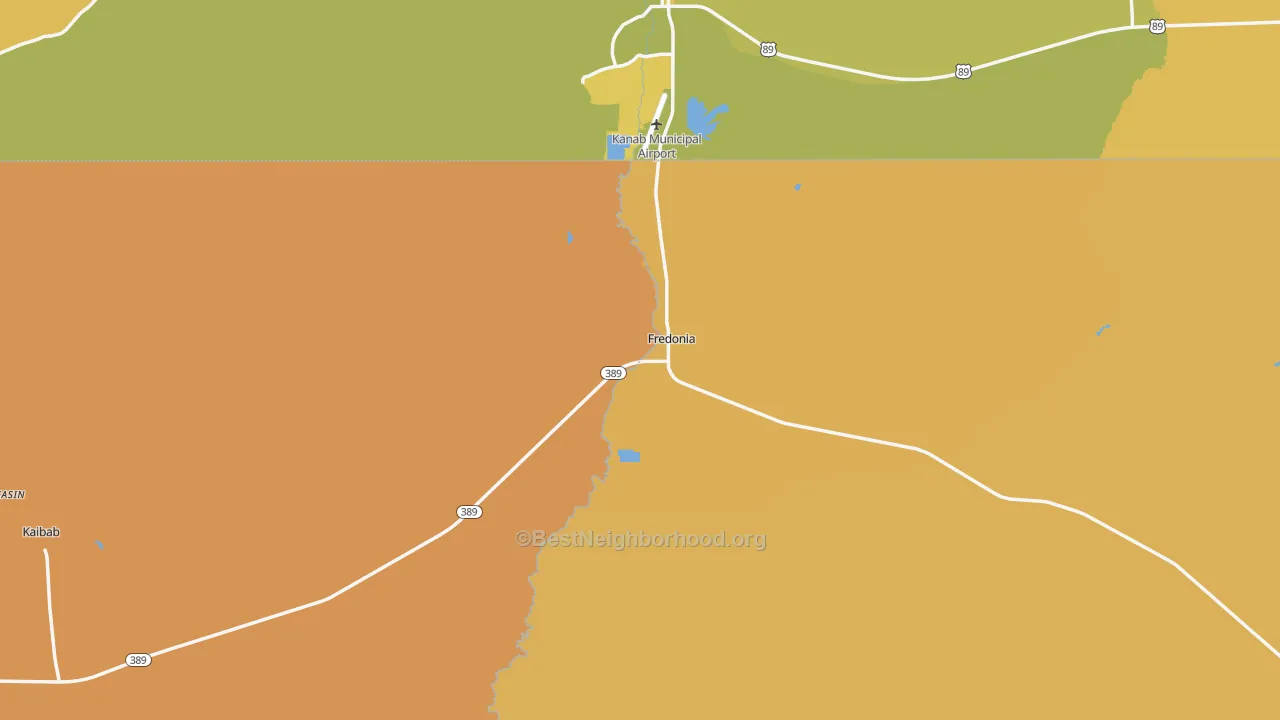 Map of the best neighborhoods in the Fredonia area, with better matches in green and worse matches in red