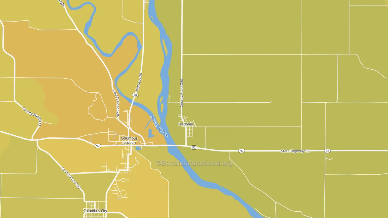 Map of the best neighborhoods in the Fredonia area, with better matches in green and worse matches in red