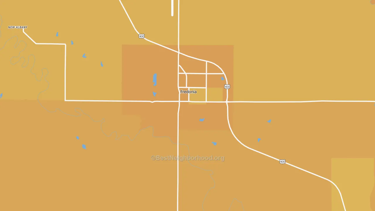 Map of the best neighborhoods in the Fredonia area, with better matches in green and worse matches in red