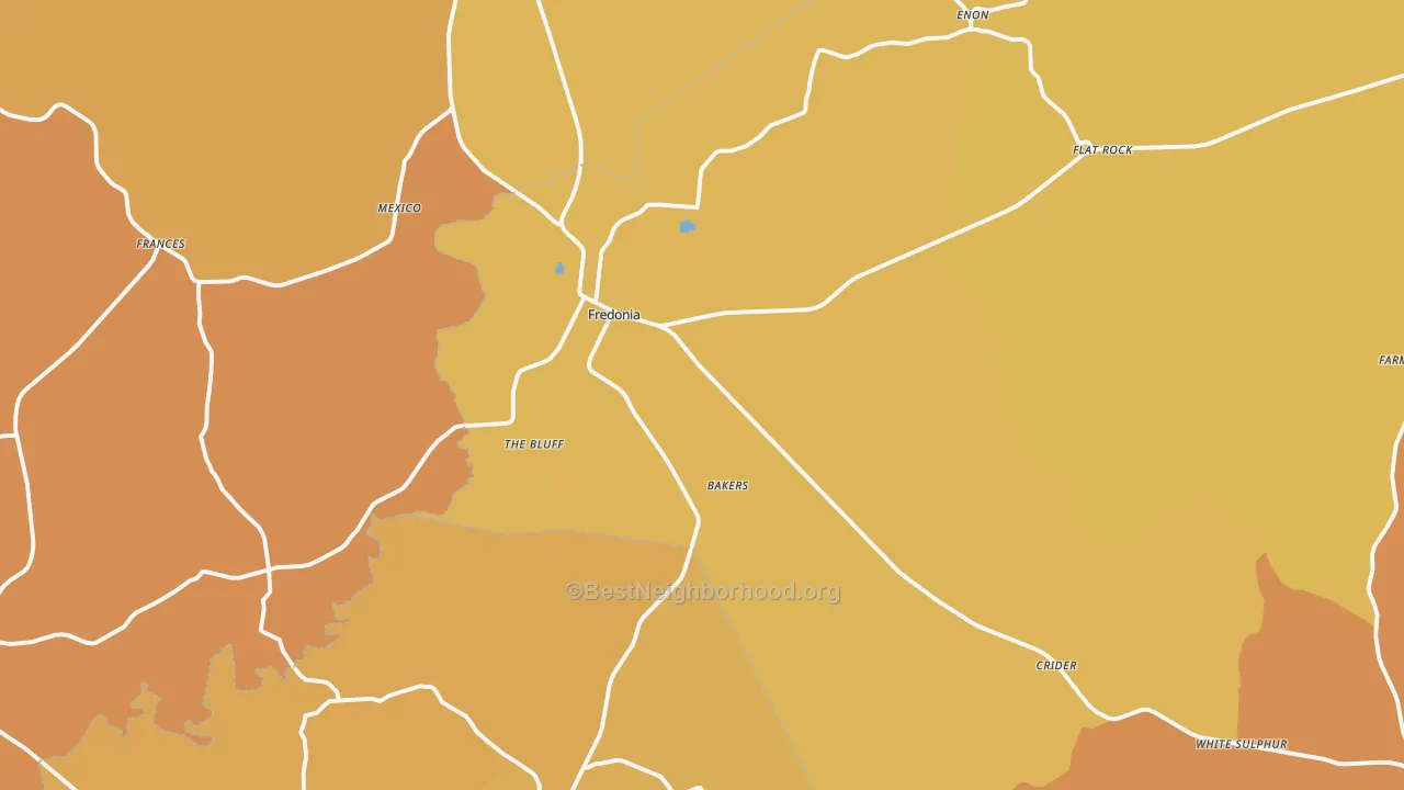 Map of the best neighborhoods in the Fredonia area, with better matches in green and worse matches in red