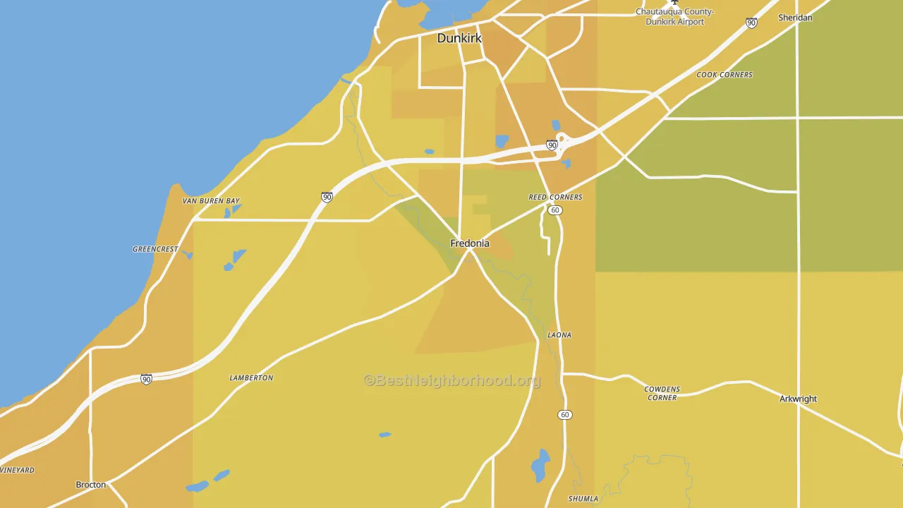 Map of the best neighborhoods in the Fredonia area, with better matches in green and worse matches in red