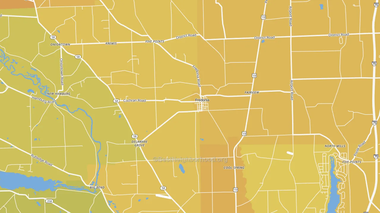 Map of the best neighborhoods in the Fredonia area, with better matches in green and worse matches in red
