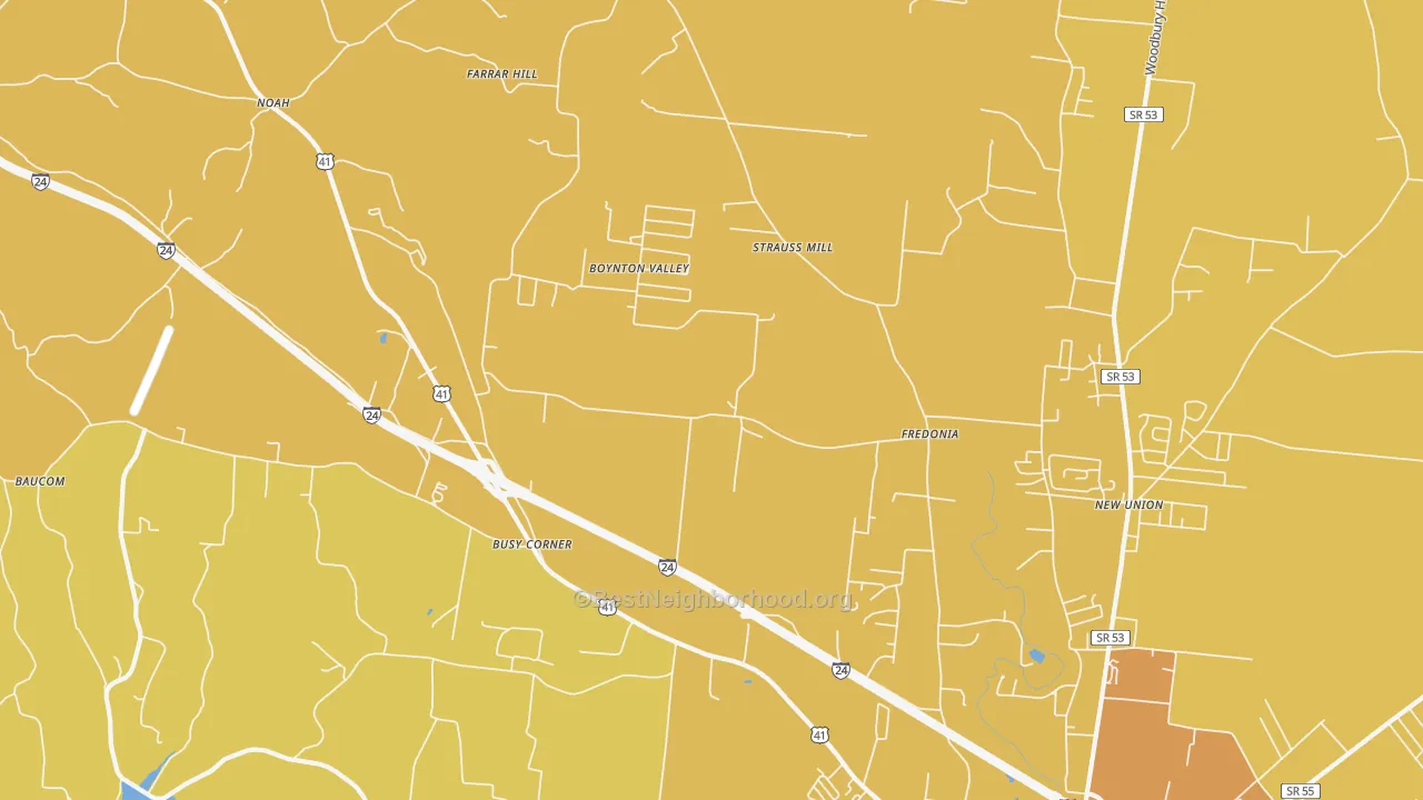 Map of the best neighborhoods in the Fredonia area, with better matches in green and worse matches in red