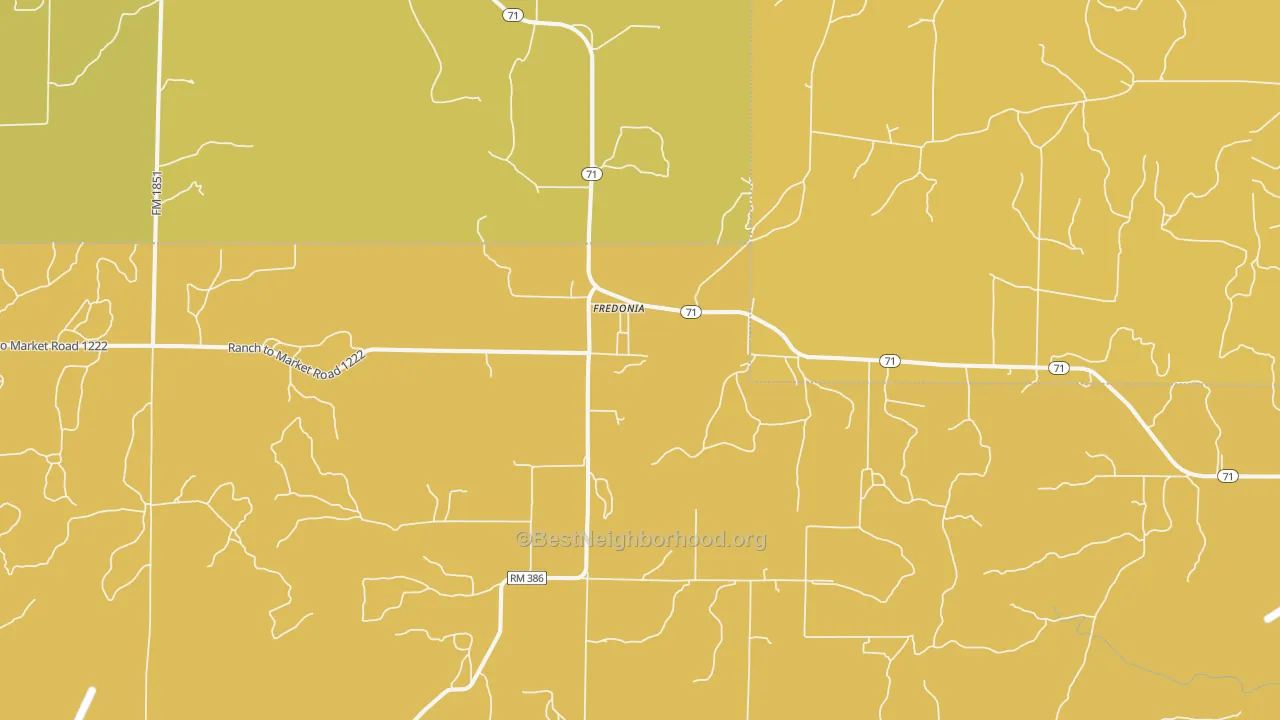 Map of the best neighborhoods in the Fredonia area, with better matches in green and worse matches in red