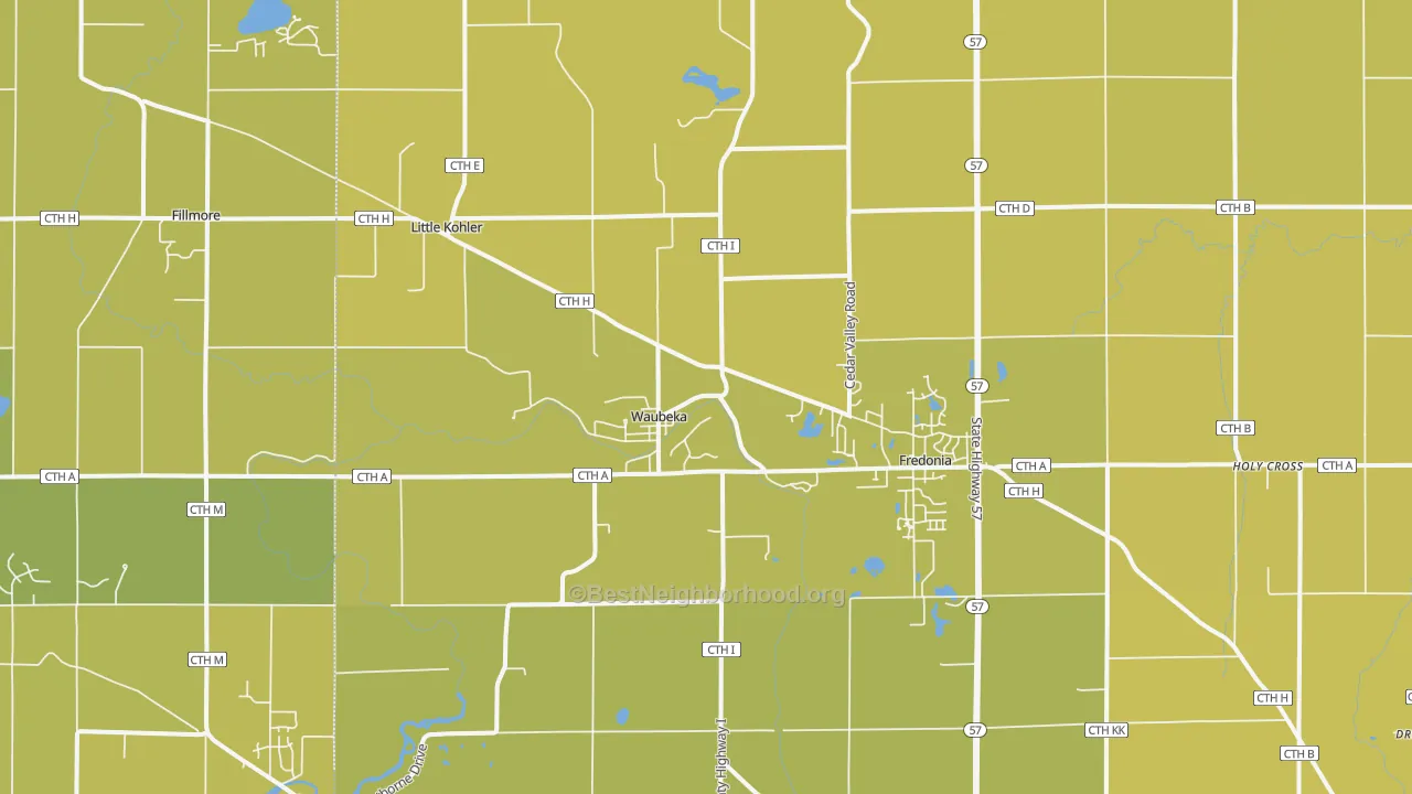 Map of the best neighborhoods in the Fredonia area, with better matches in green and worse matches in red