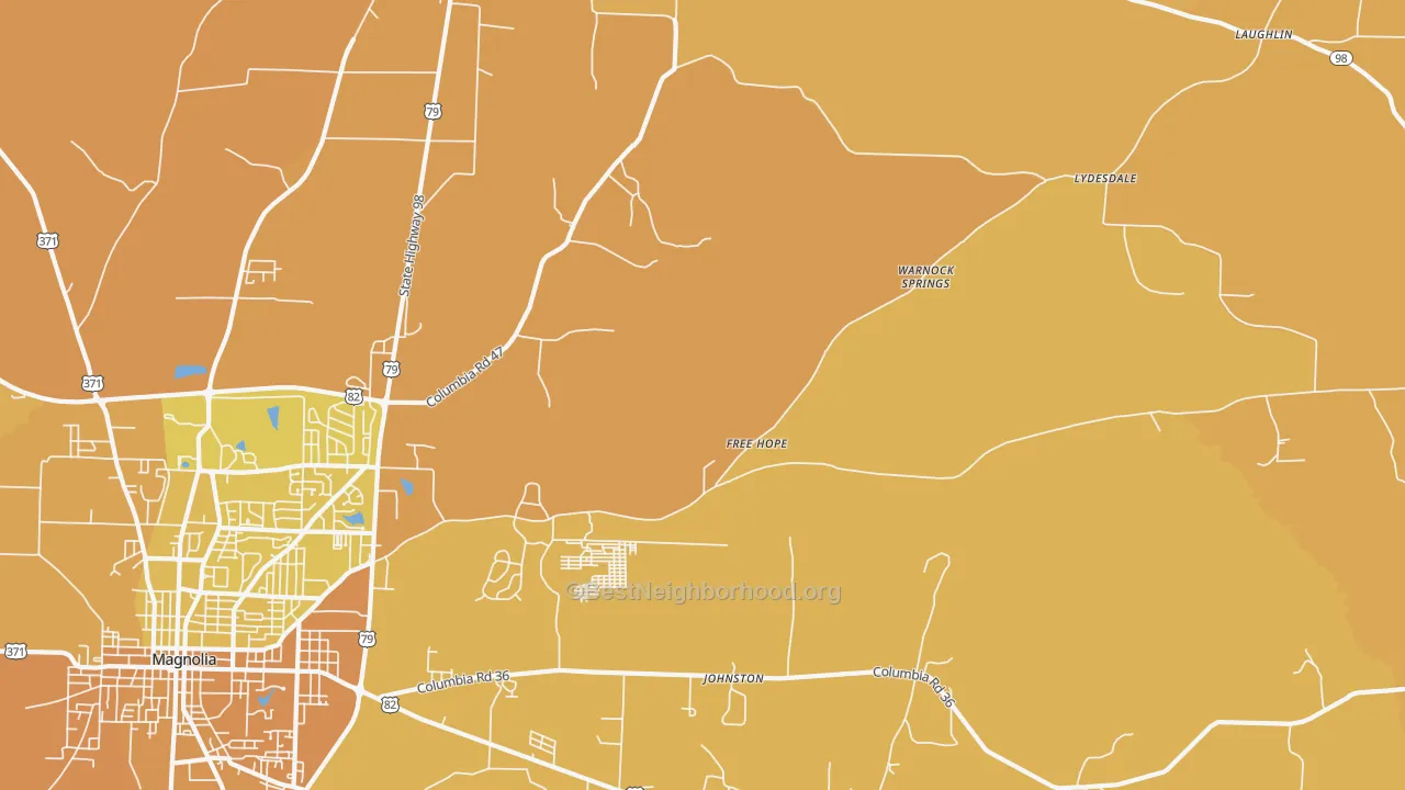 Map of the best neighborhoods in the Free Hope area, with better matches in green and worse matches in red