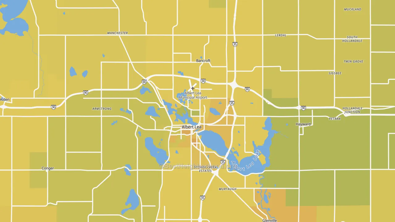 Map of the best neighborhoods in the Freeborn County area, with better matches in green and worse matches in red