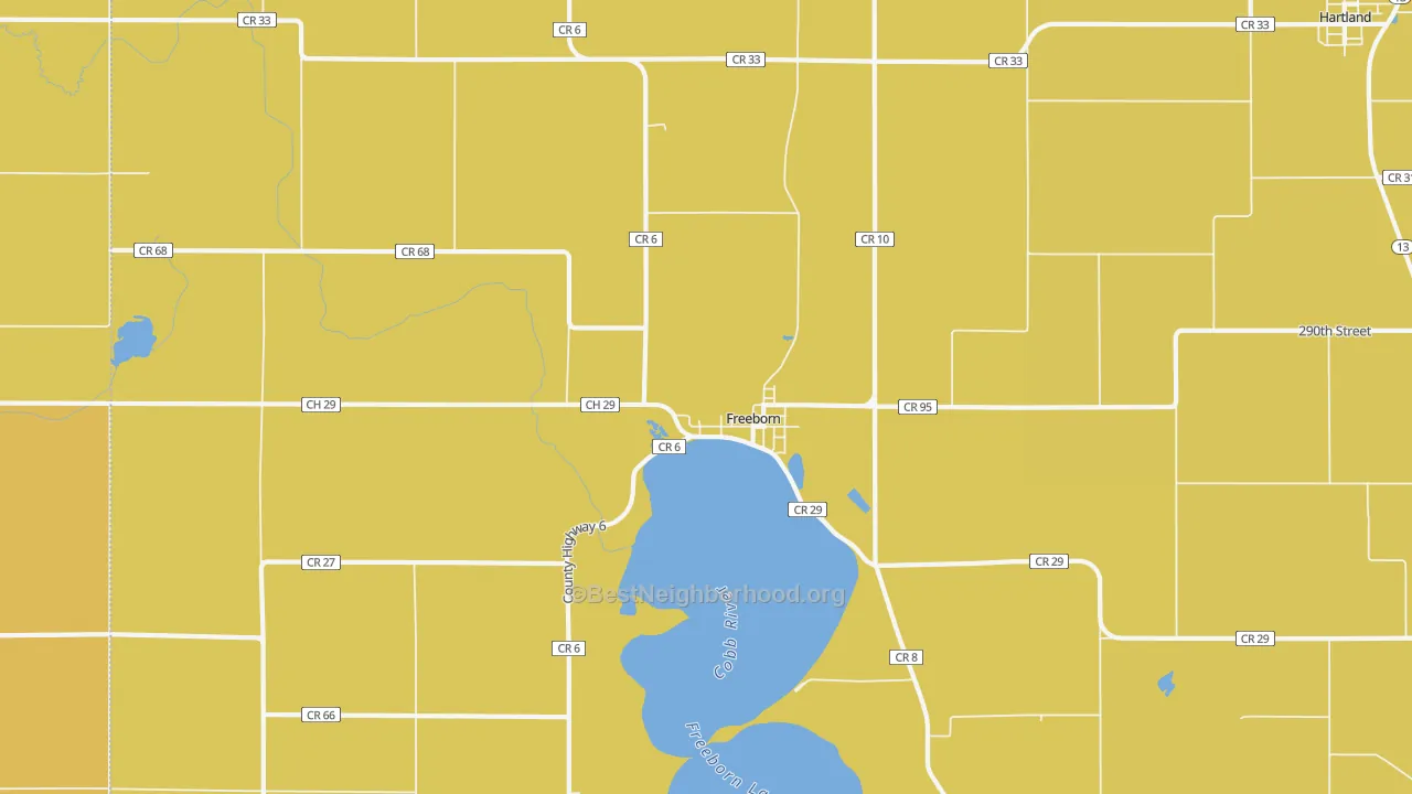 Map of the best neighborhoods in the Freeborn area, with better matches in green and worse matches in red