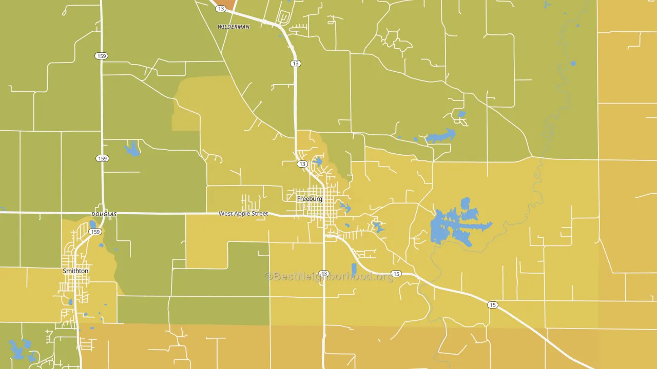 Map of the best neighborhoods in the Freeburg area, with better matches in green and worse matches in red