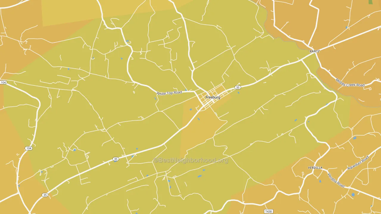 Map of the best neighborhoods in the Freeburg area, with better matches in green and worse matches in red
