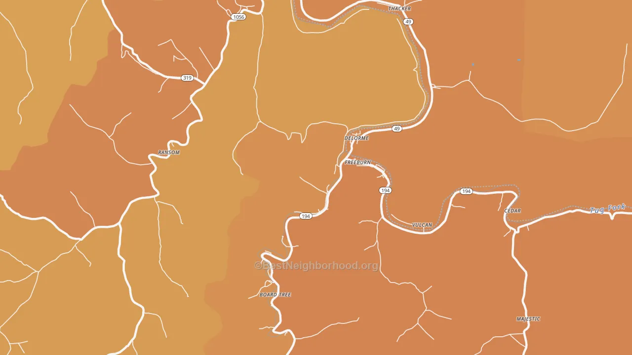 Map of the best neighborhoods in the Freeburn area, with better matches in green and worse matches in red