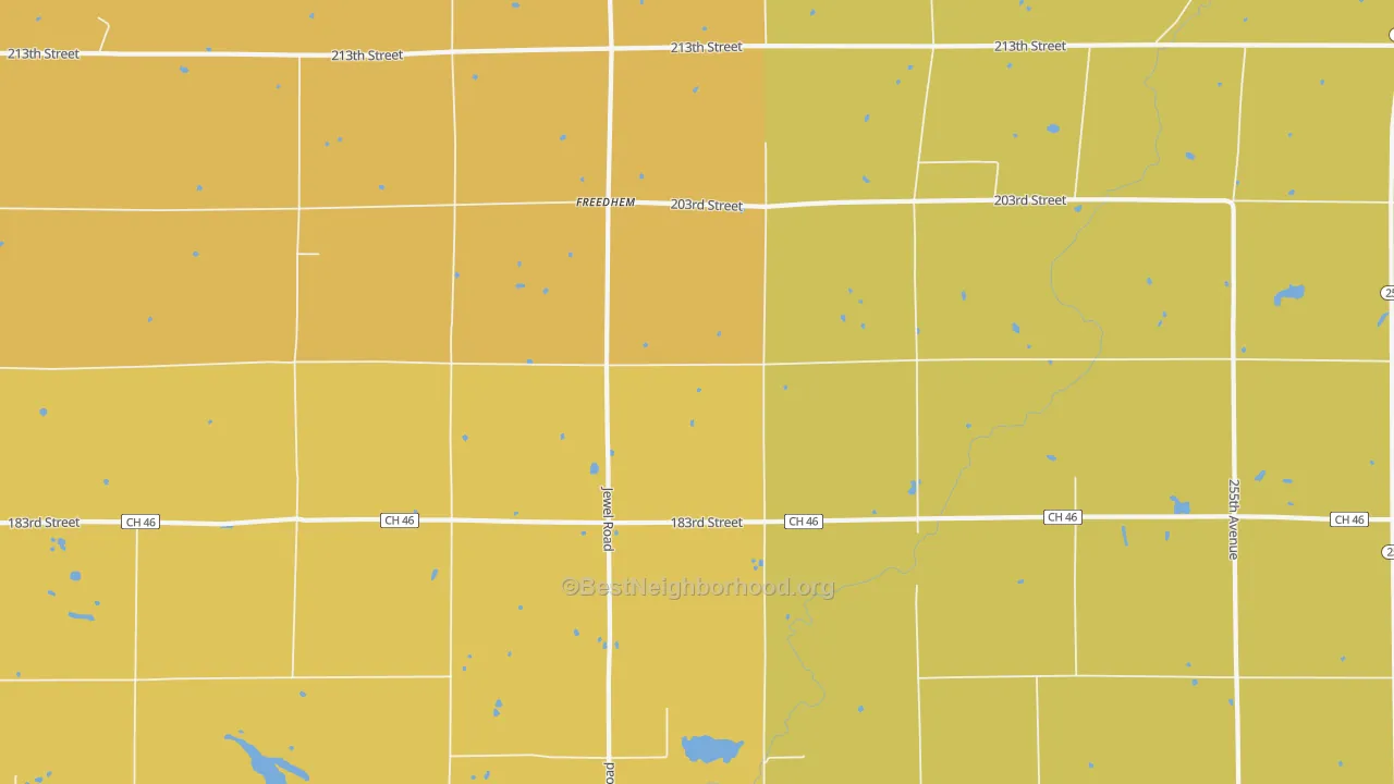 Map of the best neighborhoods in the Freedhem area, with better matches in green and worse matches in red
