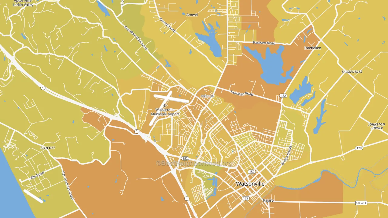 Map of the best neighborhoods in the Freedom area, with better matches in green and worse matches in red