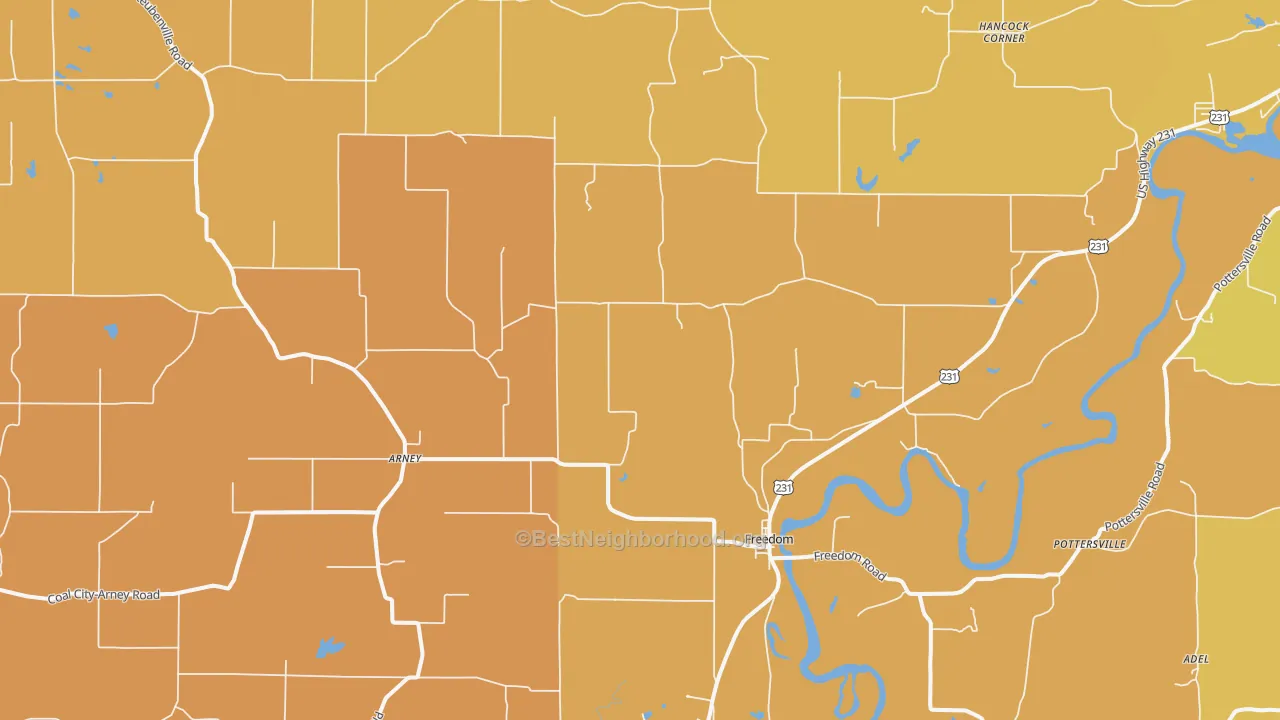 Map of the best neighborhoods in the Freedom area, with better matches in green and worse matches in red
