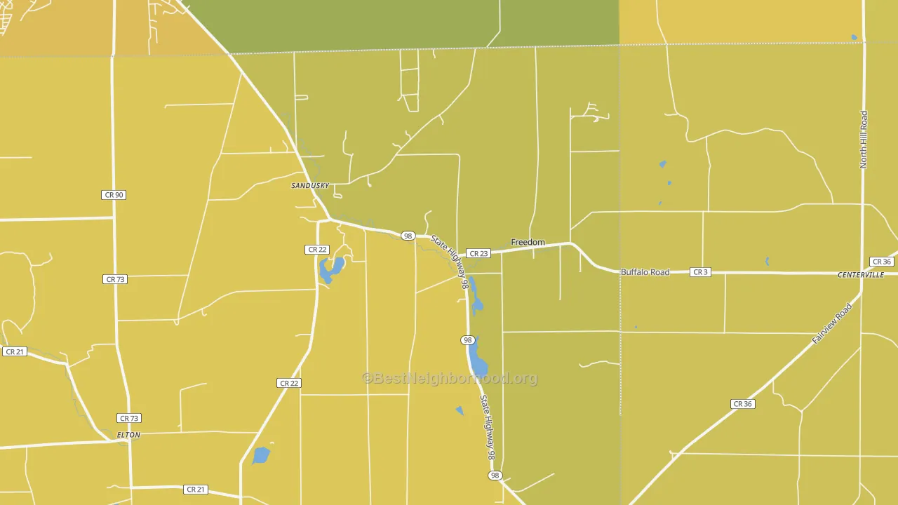 Map of the best neighborhoods in the Freedom area, with better matches in green and worse matches in red
