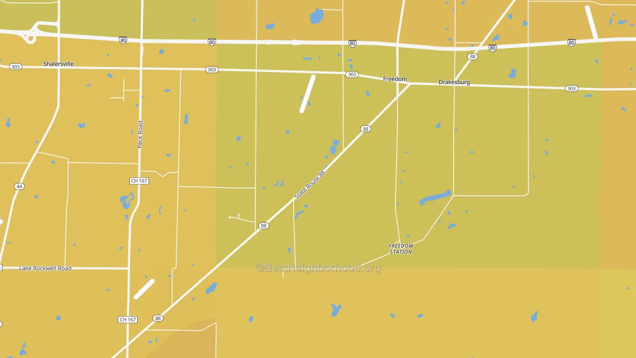 Map of the best neighborhoods in the Freedom area, with better matches in green and worse matches in red