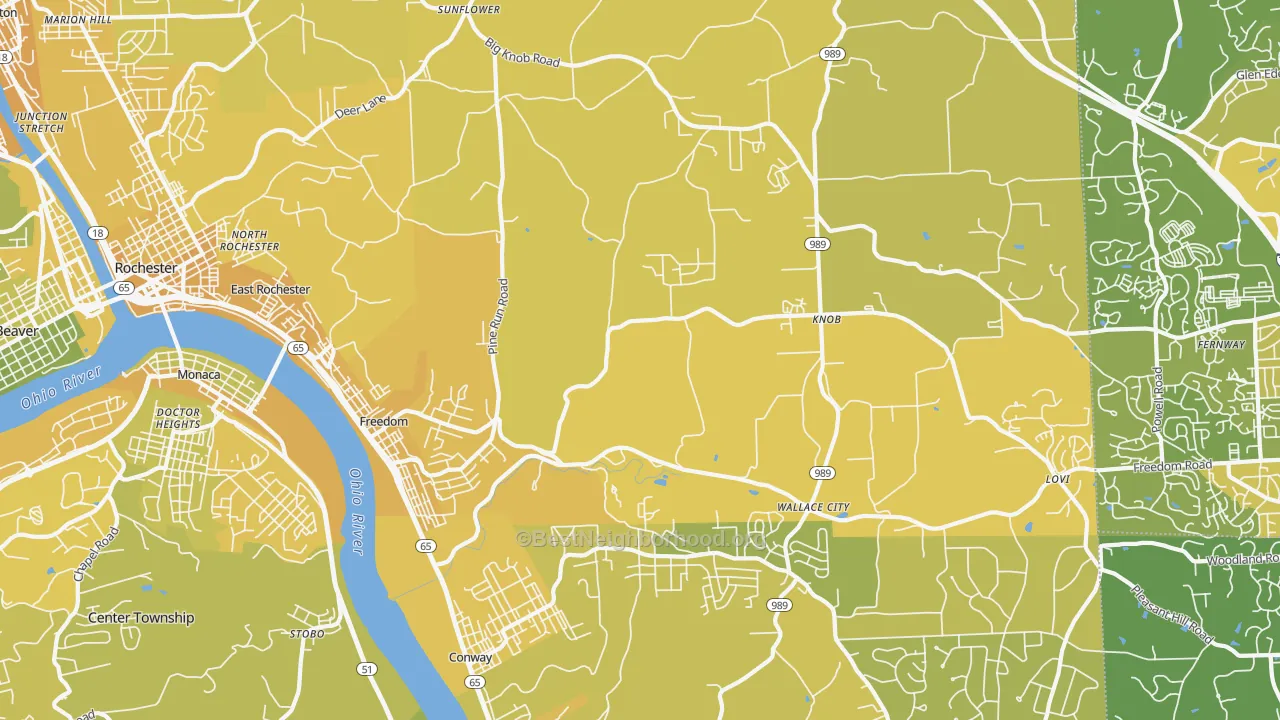 Map of the best neighborhoods in the Freedom area, with better matches in green and worse matches in red