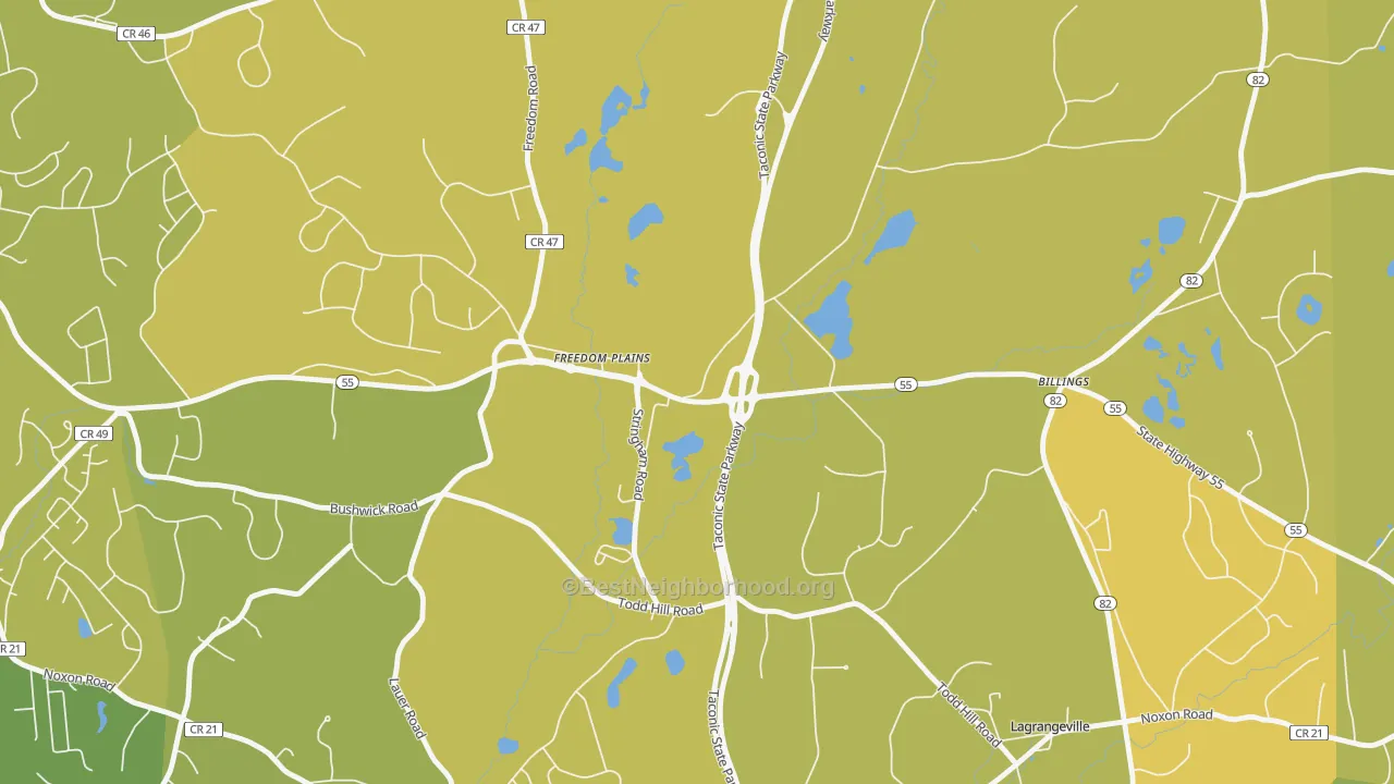 Map of the best neighborhoods in the Freedom Plains area, with better matches in green and worse matches in red