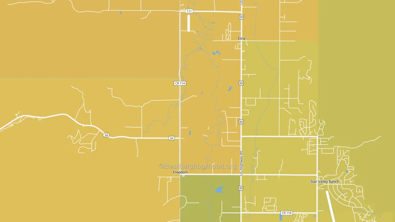Map of the best neighborhoods in the Freedom area, with better matches in green and worse matches in red
