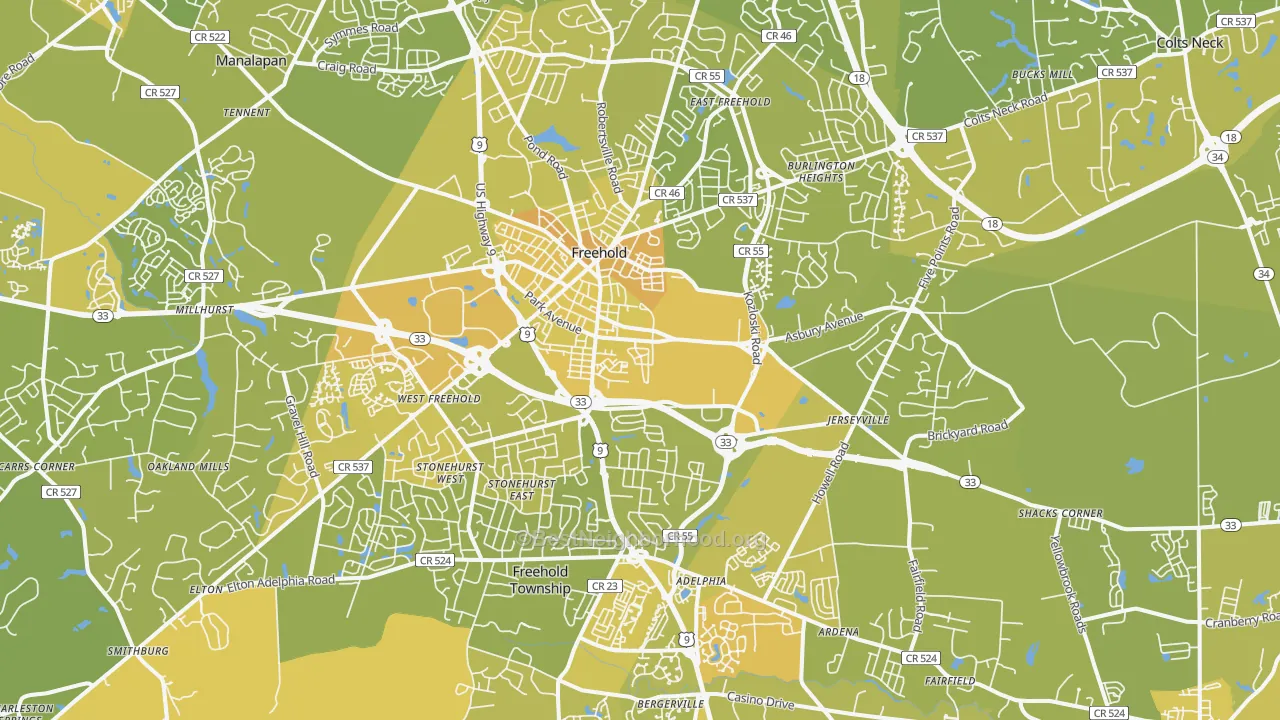 Map of the best neighborhoods in the Freehold area, with better matches in green and worse matches in red